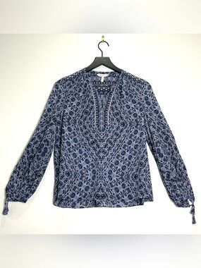 REBECCA TAYLOR Long Sleeve Marrakech Paisley Blouse Blue 100% Silk V-Neck Size 2